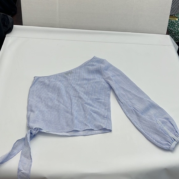 L’ Academie romantic sleeve blue & white pinstripe shirt size S - Picture 8 of 16